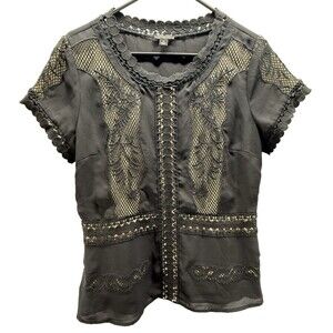 Ann Taylor Womens Lace And Mesh Peplum Side Zip Black/Tan Blouse Size 8